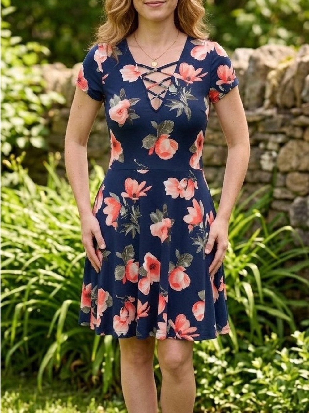 A-line Dress in Navy / Peach Floral — Medium